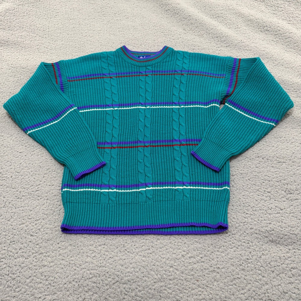 Vintage Melange 90s Teal Sweater Striped Cable Knit Crew Neck Womens Medium